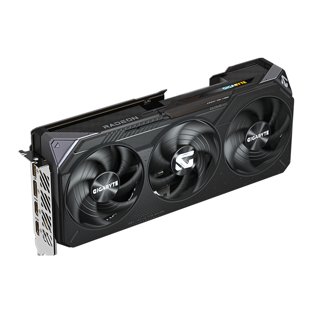 Sebuah Gigabyte Radeon RX 9070 XT di latar belakang putih